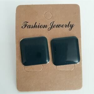 Vintage Black Rounded Square Earrings Gold Halo